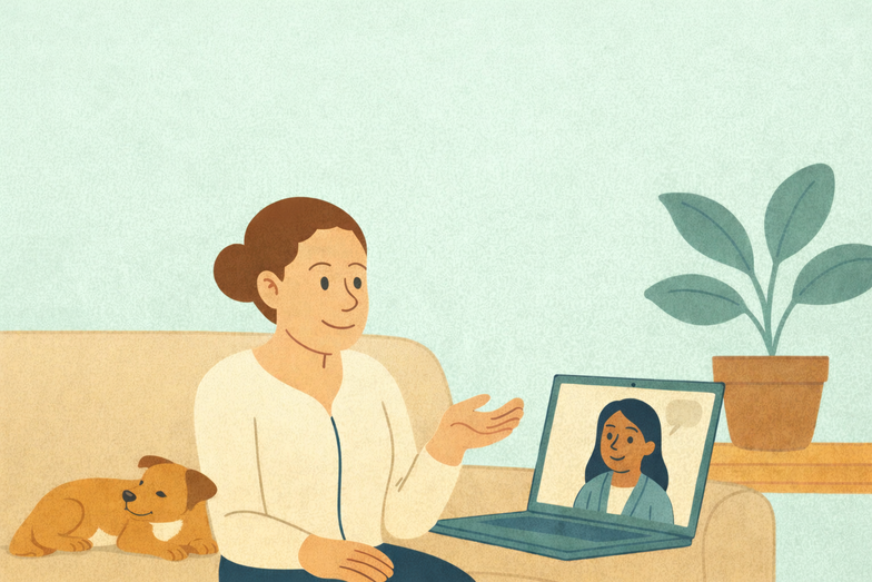 Woman attending virtual therapy session on laptop from home with dog nearby