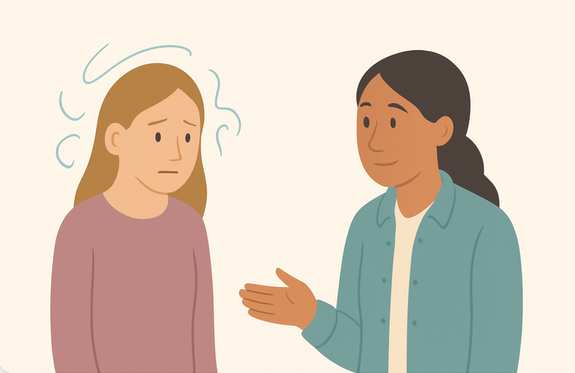 Illustration of a worried person talking with a calm, supportive therapist.