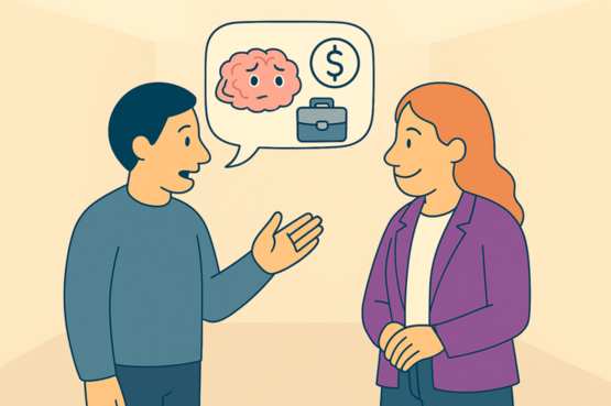 Client and therapist discussing stress and coping skills in a calming therapy setting.